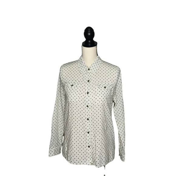 EN Creme Multi Print Blouse Womens Small S Button Up Roll Tab High Low Colorful - Picture 4 of 12